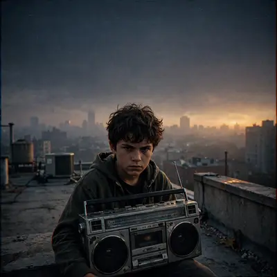 Square 1:1 album cover artwork: a kid with a boombox on a rooftop at golden hour, city haze, film photo look, pure indie energy. VHS-degraded