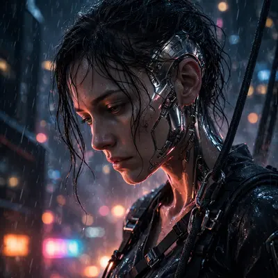 sci-fi render portrait of a corporate spy rappelling down a megatower, half-lit by the city's glow. Dramatic underlighting from street signs sculpt