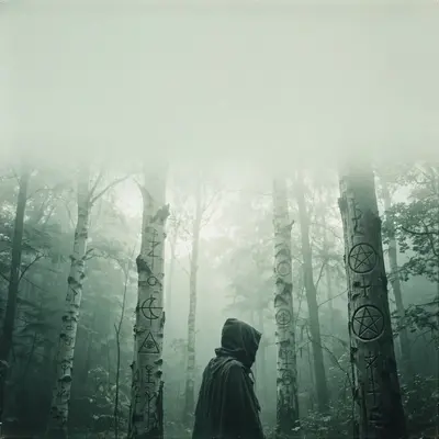 Square 1:1 album cover artwork: a hooded figure in a foggy forest, occult symbols carved in trees, desaturated green tint, pure witch house energy