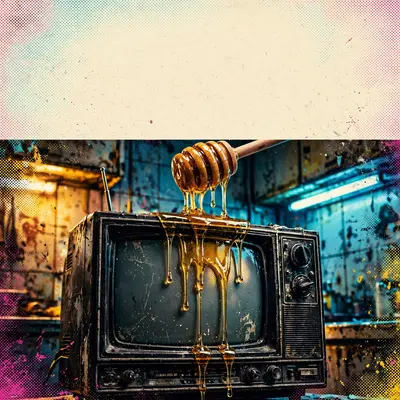Square 1:1 album cover artwork: a honey dipper dripping over a vintage TV, warm kitchen light, macro detail, pure alt-pop energy. Hyper-saturated