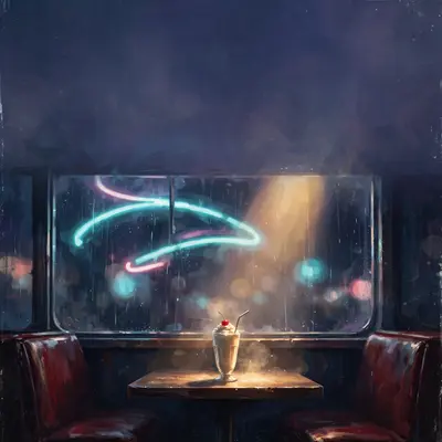 Square 1:1 album cover artwork: an empty diner booth at 3am, one milkshake, neon sign buzzing in the window, pure alt-R&B energy. Painterly digital