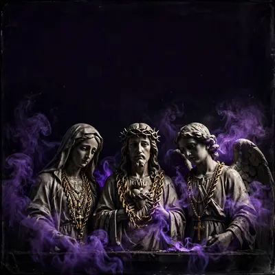 Square 1:1 album cover artwork: religious statues wearing gold chains, purple smoke, dramatic chiaroscuro, pure phonk energy. VHS-degraded texture