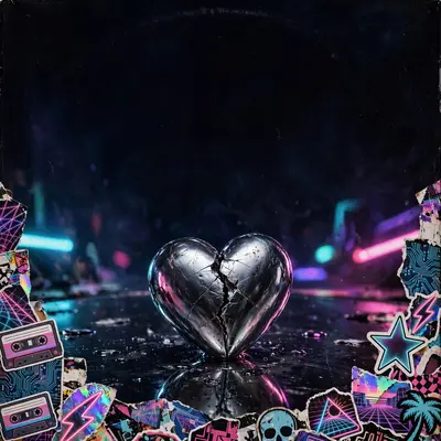 Square 1:1 album cover artwork: a chrome heart cracked down the middle on a mirror, neon reflections, pure synthpop energy. Gritty film-photography