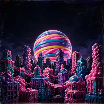 Square 1:1 album cover artwork: a city skyline made of bubblegum, a giant jawbreaker sun, saturated candy colors, pure hyperpop energy. VHS-degraded
