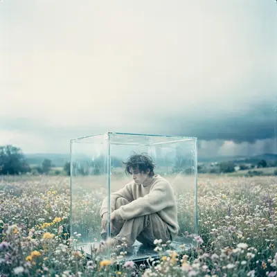 Square 1:1 album cover artwork: a figure trapped in a glass box in a flower field, storm clouds gathering, pure alt-pop energy. Soft analog grain, in