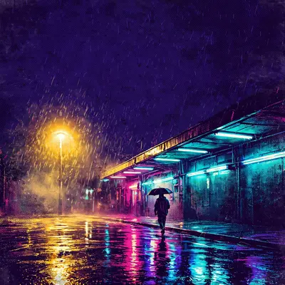 Square 1:1 album cover artwork: a streetlight halo in the rain, a lone figure with an umbrella, wet asphalt reflections, pure alt-R&B energy
