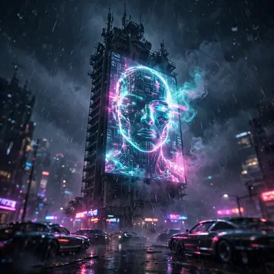 a rogue AI projected on a tower screen in retro-futurist synthwave art style, rain hammering the neon-drenched streets. Volumetric neon haze carve