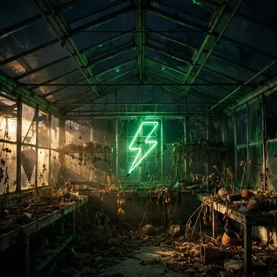 Square 1:1 album cover artwork: a neon sign buzzing in an abandoned greenhouse, dead plants, green tint, pure witch house energy. Raw flash-photo