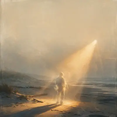 Square 1:1 album cover artwork: a translucent figure on a beach at golden hour, long shadows, film grain, pure indie energy. Painterly digital