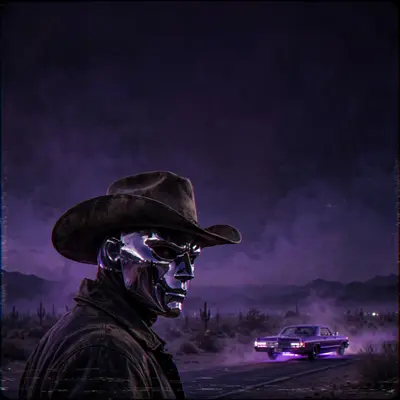 Square 1:1 album cover artwork: a chrome-masked cowboy in the desert at dusk, lowrider in the distance, purple haze, pure phonk energy. VHS-degraded
