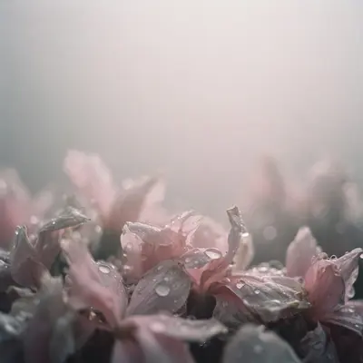 Square 1:1 album cover artwork: a close-up of rain-soaked petals, shallow depth of field, muted grays and pinks, pure shoegaze energy. Soft analog