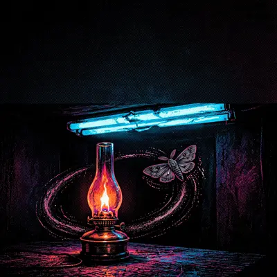 Square 1:1 album cover artwork: an oil lamp burning in a pitch-black room, a moth circling, deep shadows, pure darkwave energy. Hyper-saturated