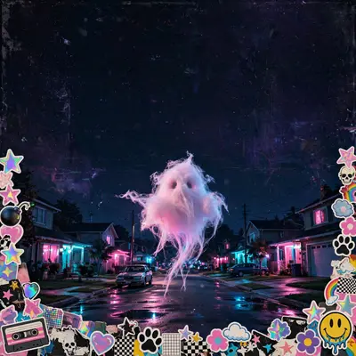 Square 1:1 album cover artwork: a ghost made of cotton candy floating over a suburban street, VHS artifacts, pure digicore energy. Gritty