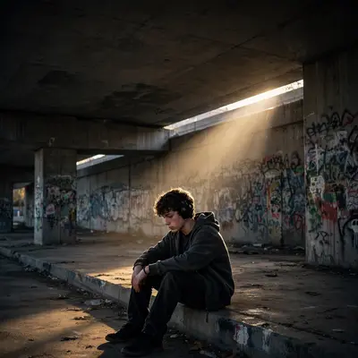 Square 1:1 album cover artwork: graffiti-covered concrete under a highway, one beam of sunlight, a kid with headphones, pure emo rap energy. Raw