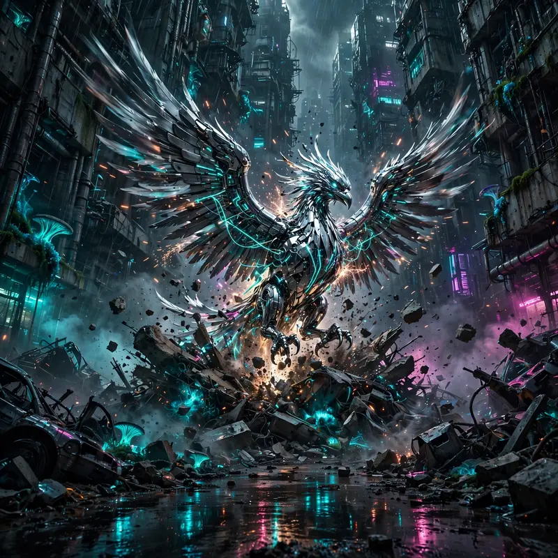 Cinematic frame of a chrome phoenix bursting from wreckage, rendered in high-contrast digital cyberpunk art amid towering megacity blocks