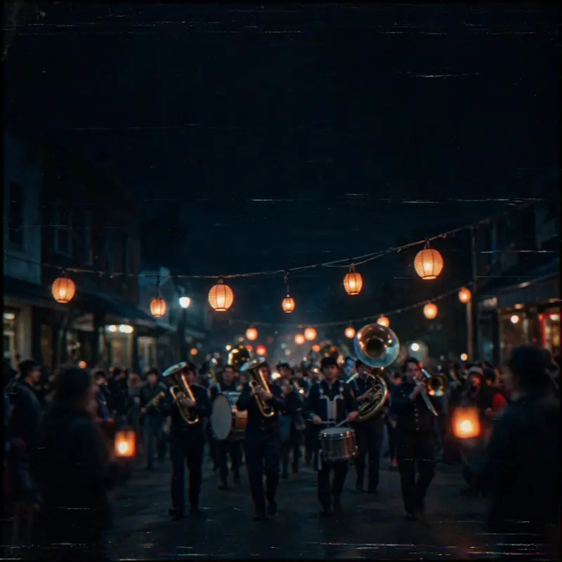 Square 1:1 album cover artwork: a small-town parade at dusk, paper lanterns, a marching band in soft focus, pure indie folk energy. VHS-degraded