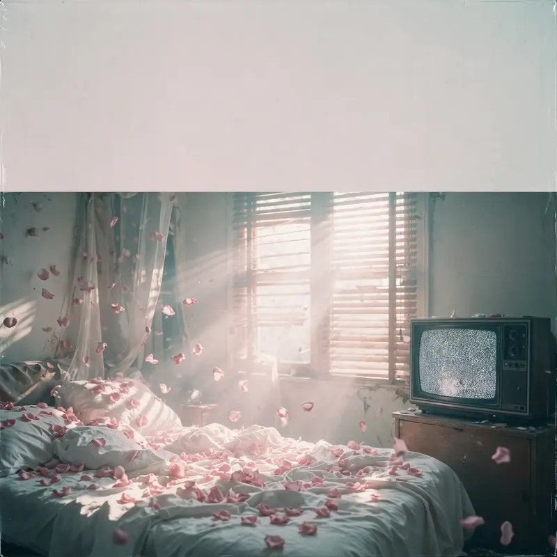 Square 1:1 album cover artwork: a honeymoon suite with the TV on static, rose petals, morning light through blinds, pure bedroom pop energy. Soft