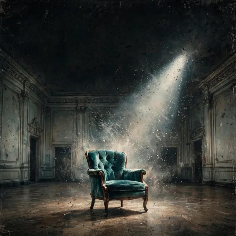Square 1:1 album cover artwork: a velvet armchair in an empty ballroom, one spotlight, dust in the air, pure alt-R&B energy. Dreamy airbrushed