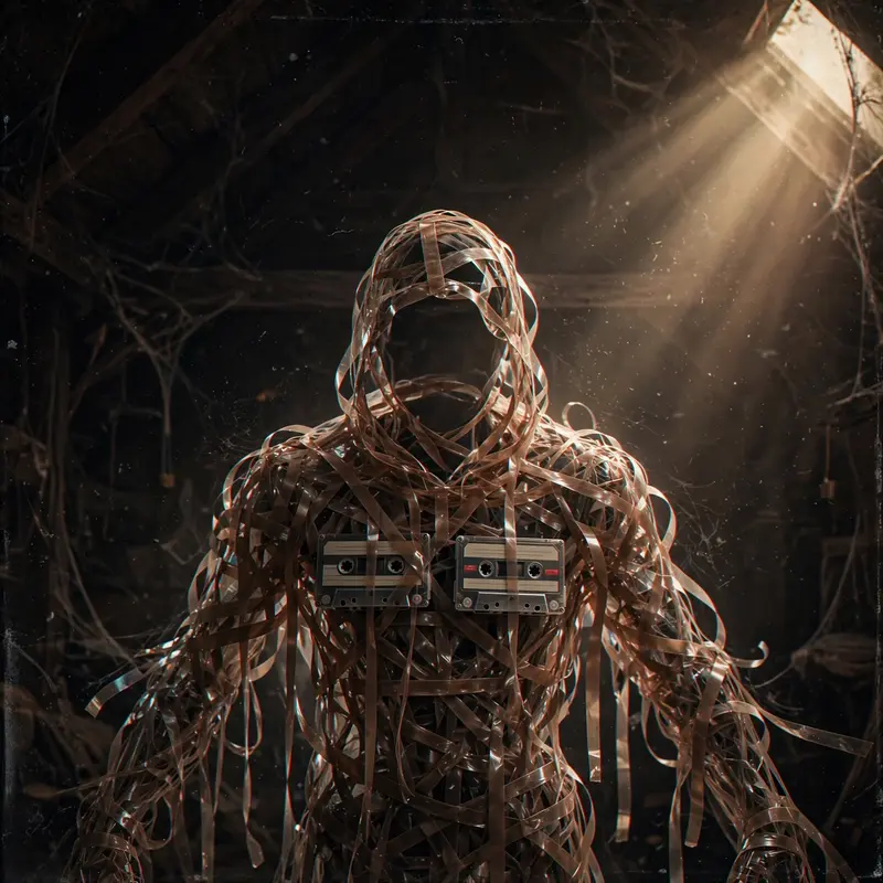 Square 1:1 album cover artwork: a translucent figure made of cassette tape, warm attic light, dust motes, pure lo-fi energy. VHS-degraded texture, in
