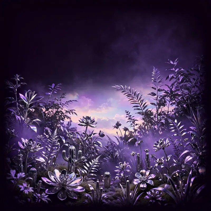 Square 1:1 album cover artwork: a garden where every plant is chrome, reflecting a pastel sky, pure dream pop energy. High-contrast editorial style