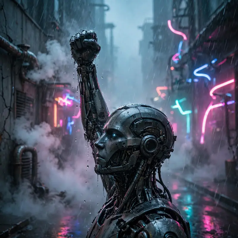 moody dystopian concept art depiction of an android revolutionary raising a fist at dawn, caught between flickering signs and steam vents