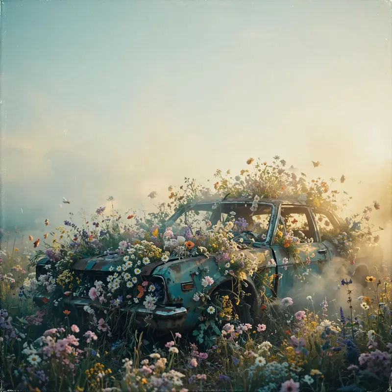 Square 1:1 album cover artwork: a riot of wildflowers overtaking an abandoned car, golden hour, pure indie energy. Soft analog grain, in hazy