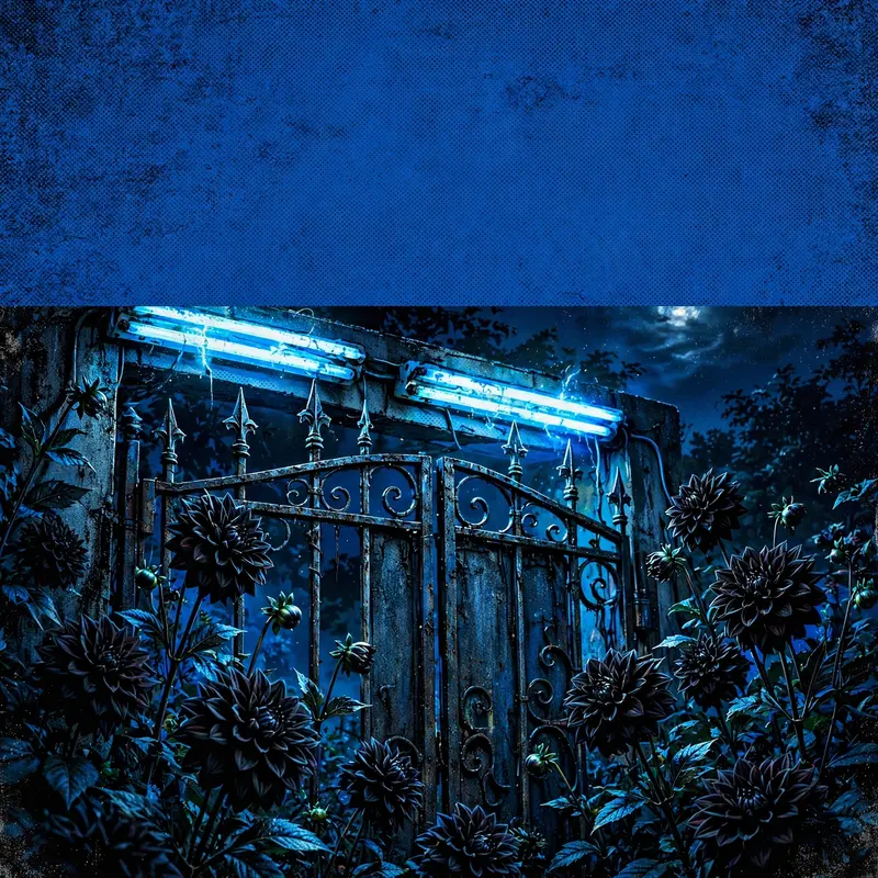 Square 1:1 album cover artwork: black dahlias blooming under moonlight, a wrought-iron gate, blue tint, pure darkwave energy. Hyper-saturated digital