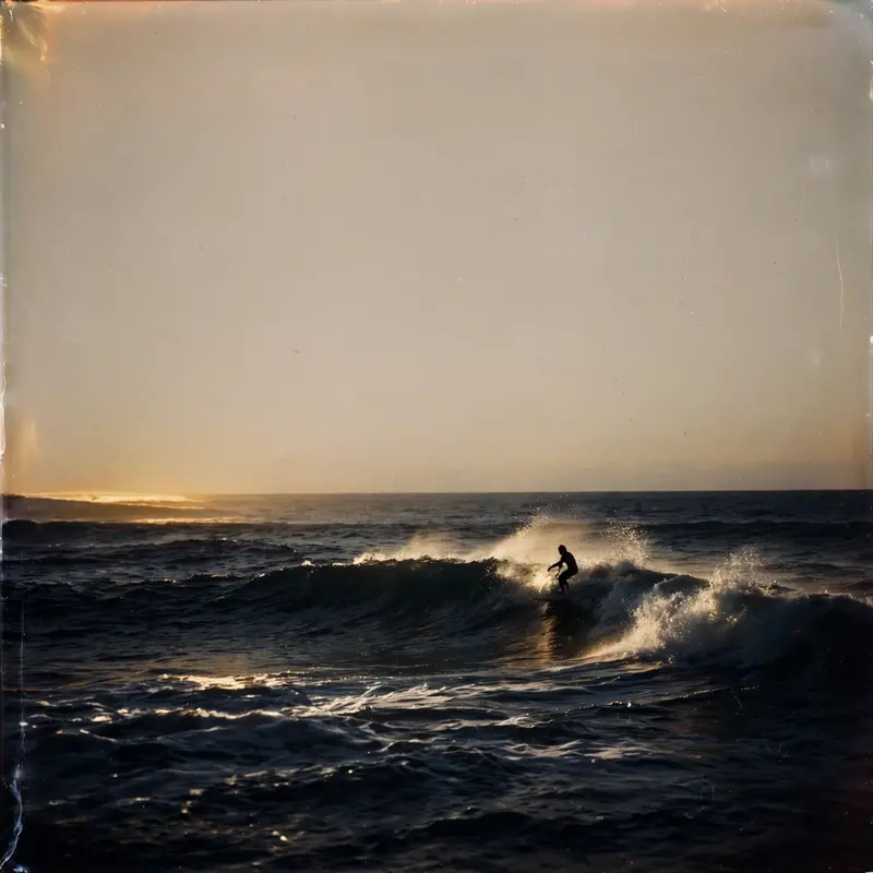 Square 1:1 album cover artwork: the last light on ocean waves, a lone surfer silhouette, expired film, pure shoegaze energy. Raw flash-photo look, in