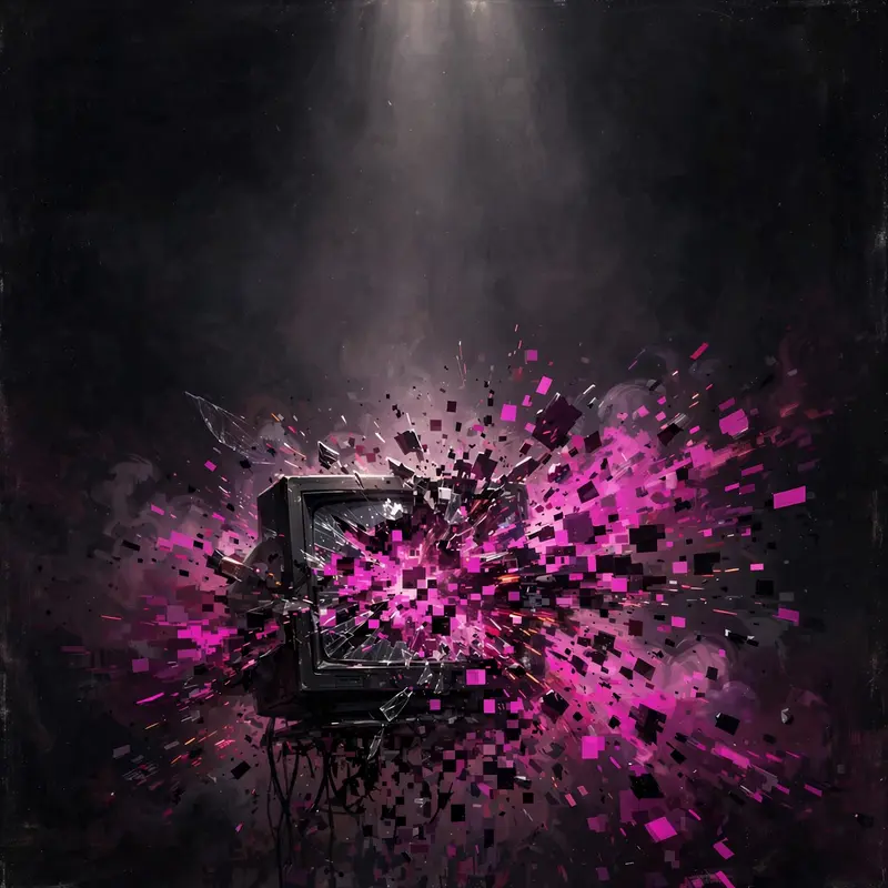 Square 1:1 album cover artwork: a CRT monitor exploding into pixels, harsh magenta and black, pure breakcore energy. Painterly digital illustration