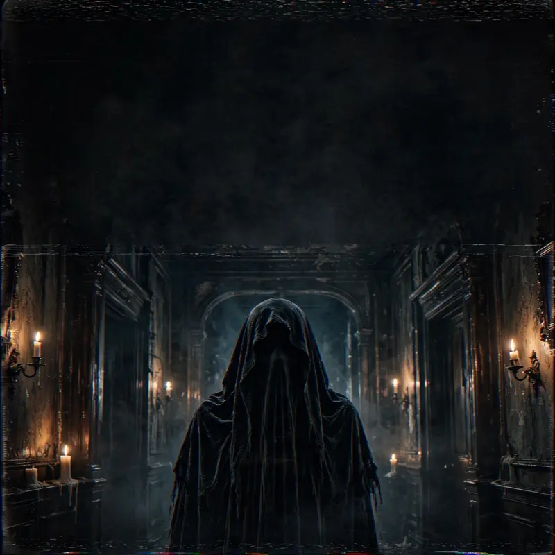 Square 1:1 album cover artwork: a velvet-draped ghost in a manor hallway, candlelight, desaturated, pure witch house energy. VHS-degraded texture, in