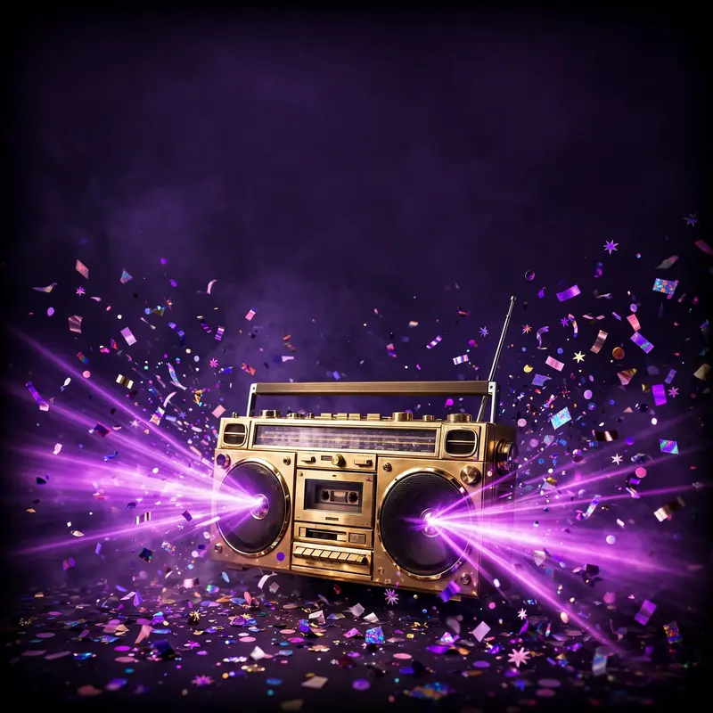 Square 1:1 album cover artwork: a gold-plated boombox blasting light beams, confetti frozen mid-air, pure hyperpop energy. High-contrast editorial