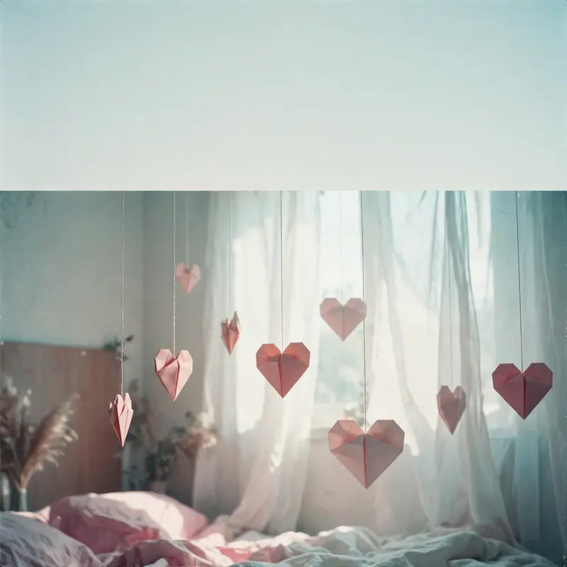 Square 1:1 album cover artwork: origami hearts hanging in a sunlit bedroom, sheer curtains, soft morning, pure bedroom pop energy. Soft analog grain
