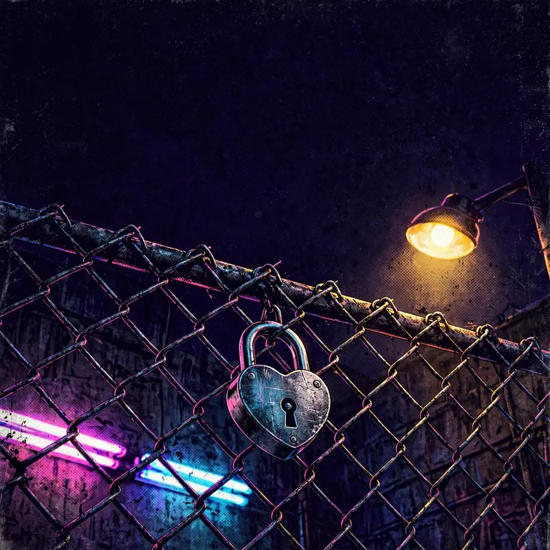 Square 1:1 album cover artwork: a heart-shaped padlock on a chain-link fence, night, one streetlight, pure emo rap energy. Hyper-saturated digital