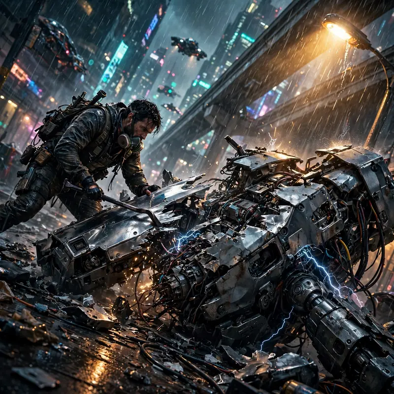 Moody cinematic cyberpunk realism scene: a scavenger prying chrome from a wrecked mech, the city humming behind them. Cold sodium-vapor streetlight