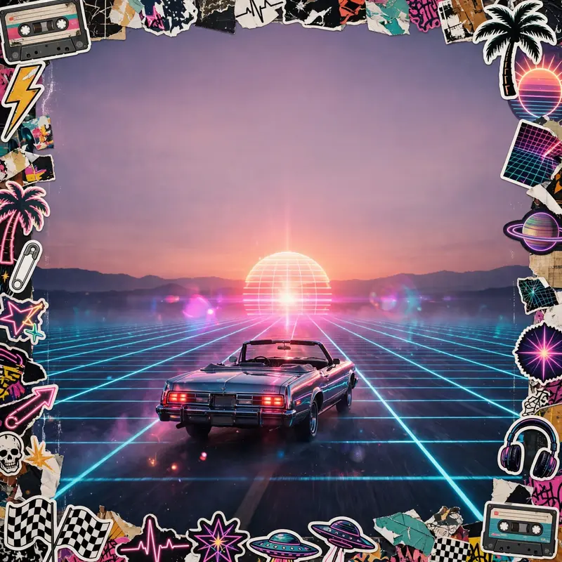 Square 1:1 album cover artwork: a chrome convertible driving into a grid sunset, 80s airbrush, lens flare, pure synthpop energy. Gritty