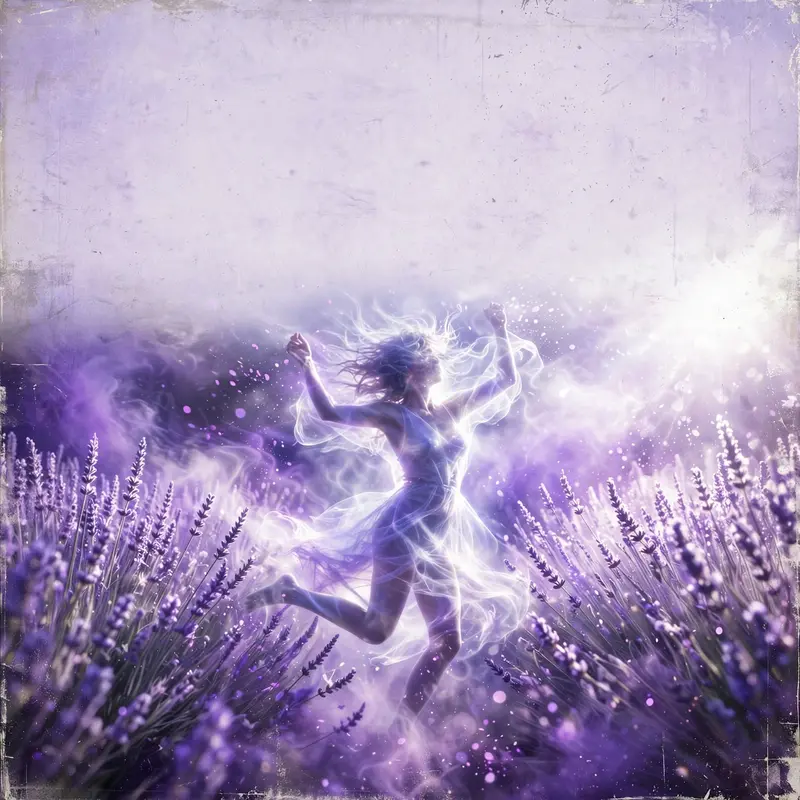 Square 1:1 album cover artwork: a lavender field with a translucent figure dancing, soft purple haze, pure dream pop energy. Dreamy airbrushed
