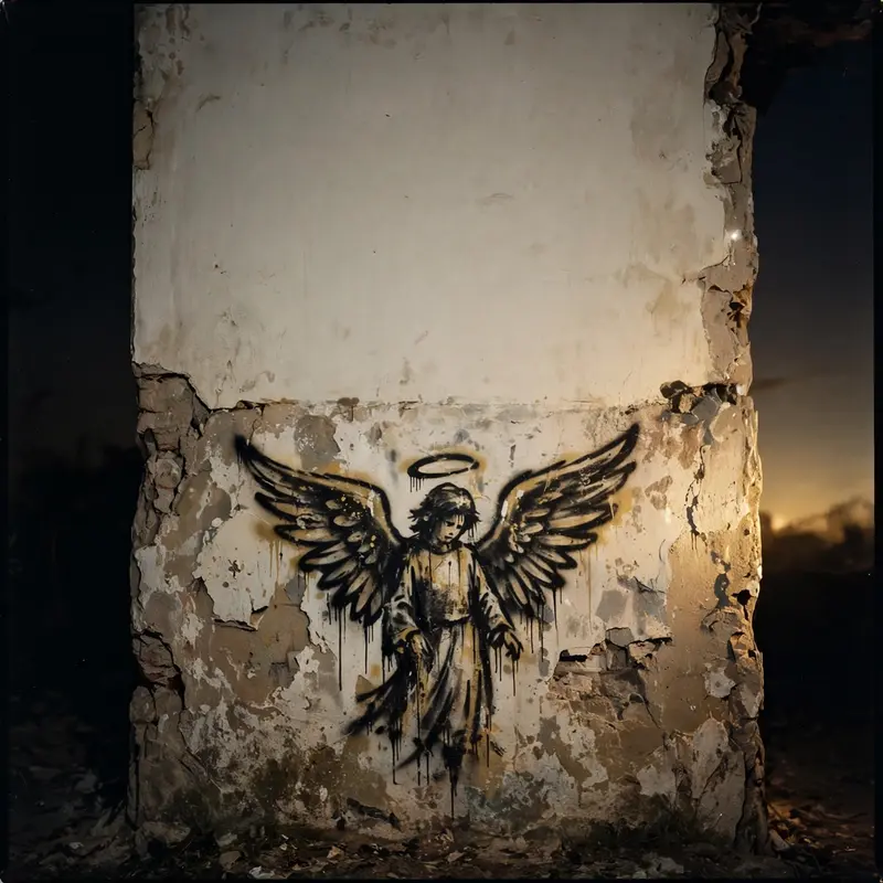 Square 1:1 album cover artwork: a graffiti angel on a crumbling wall, harsh flash, night, pure post-punk energy. Raw flash-photo look, in soft