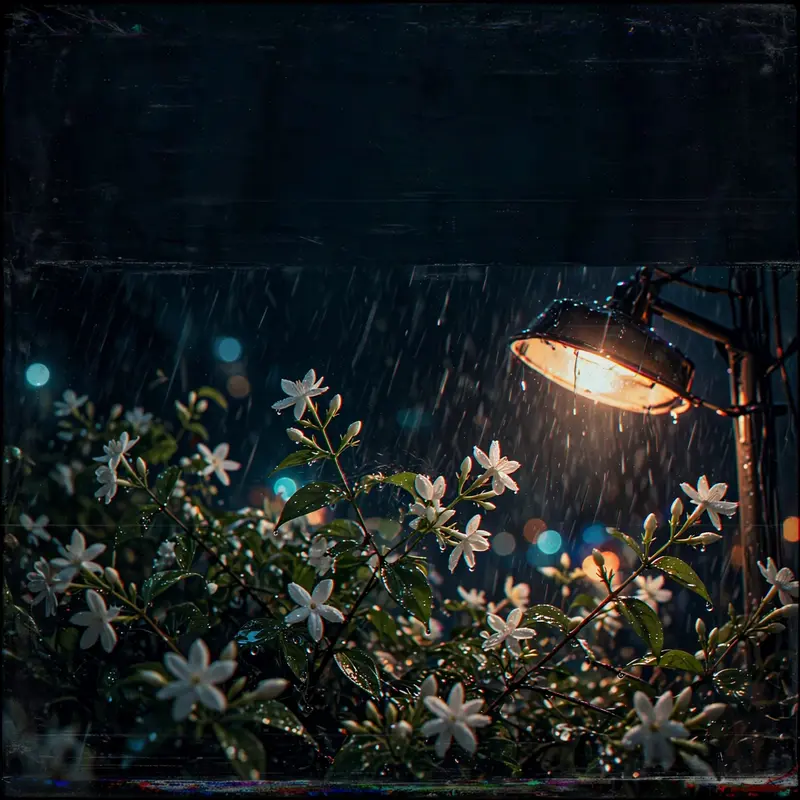 Square 1:1 album cover artwork: night-blooming jasmine under a streetlamp, rain droplets, bokeh, pure alt-R&B energy. VHS-degraded texture, in moody