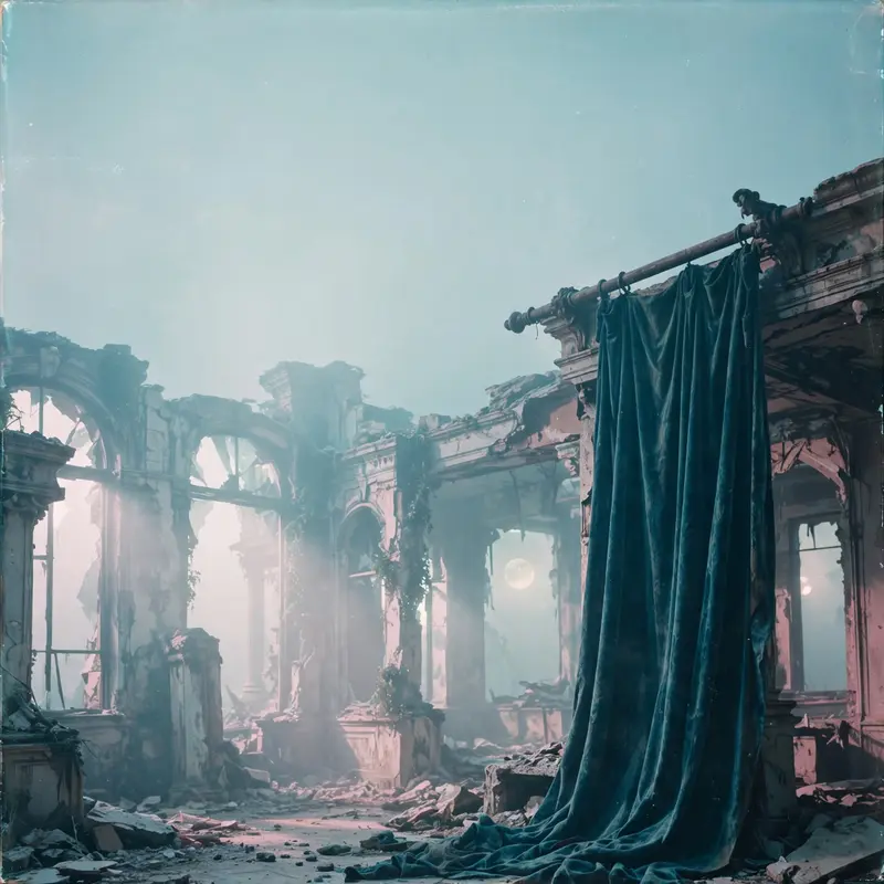 Square 1:1 album cover artwork: a velvet curtain in a ruined ballroom, moonlight through broken windows, pure darkwave energy. Soft analog grain, in