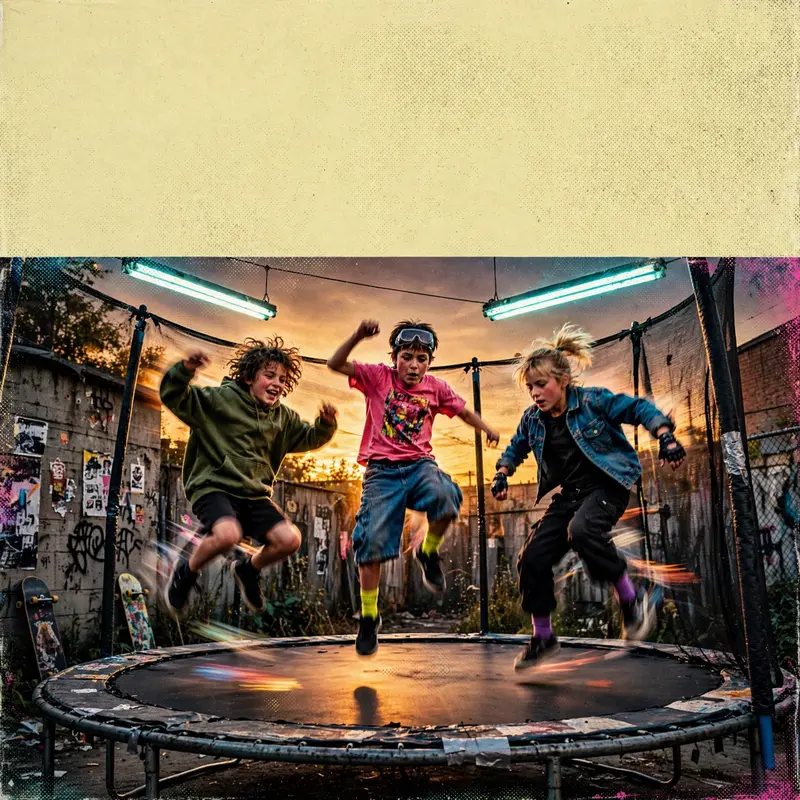 Square 1:1 album cover artwork: kids jumping on a trampoline at golden hour, motion blur, film grain, pure indie energy. Hyper-saturated digital pop