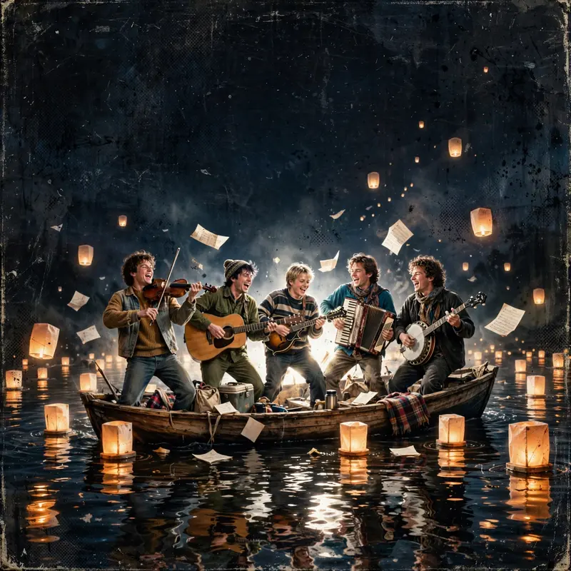 Square 1:1 album cover artwork: paper lanterns floating over a night river, a folk band on a boat, reflections, pure indie folk energy. Dreamy