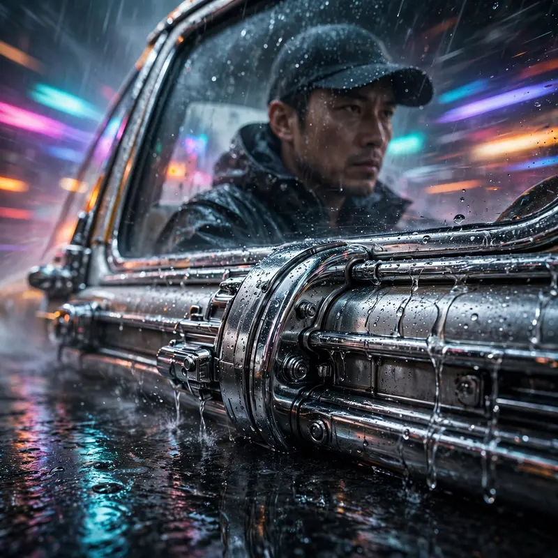 a taxi driver speeding through neon fog rendered in blade-runner-inspired cinematic style, chrome glinting under the downpour. Rain-diffused neon