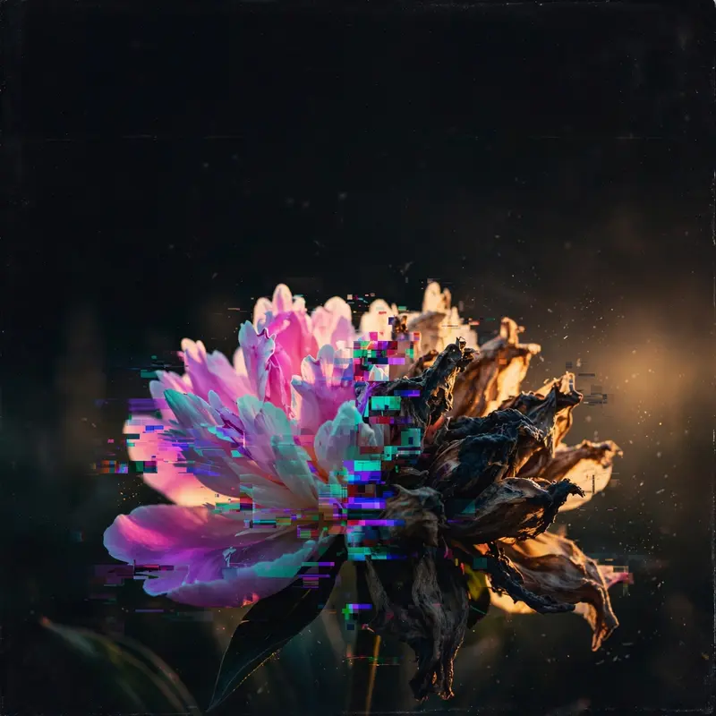 Square 1:1 album cover artwork: a flower glitching between bloom and decay, UV colors, digital artifacts, pure breakcore energy. Raw flash-photo