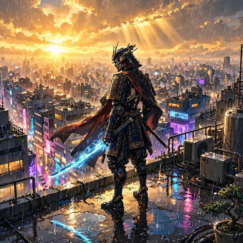 a lone cyber-samurai standing on a rainy Tokyo rooftop, katana glowing, neon signs reflecting in puddles below, Classic anime key-visual style