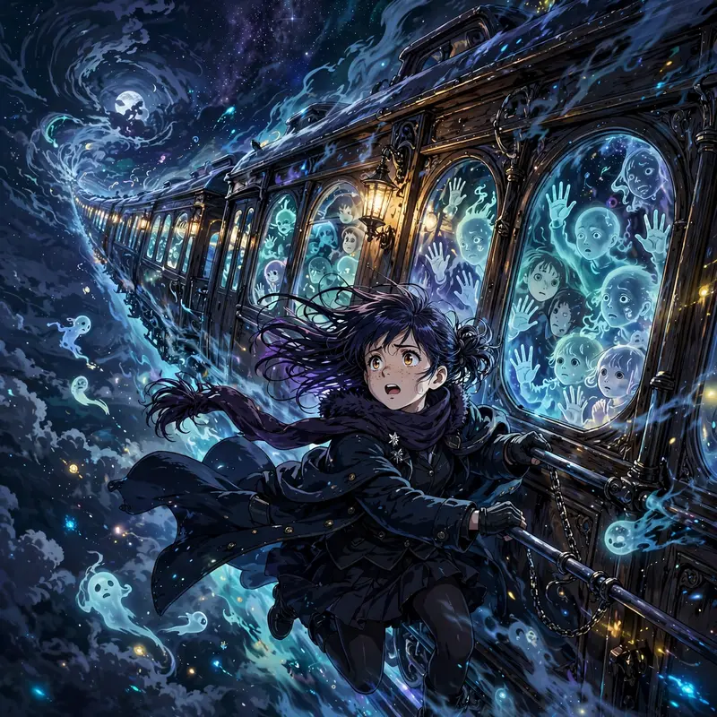 a girl riding a spectral train across a starry night sky, glowing spirits pressed against the windows, Classic anime key-visual style, cel-shaded