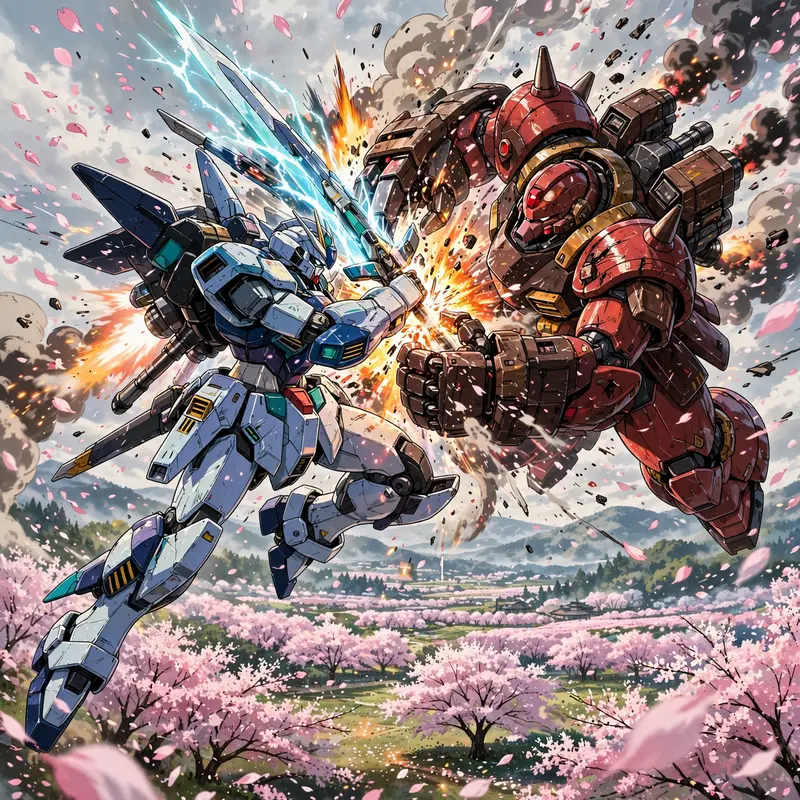 two giant mechas clashing above a cherry blossom field, petals swirling through explosions, Classic anime key-visual style, cel-shaded with vibrant