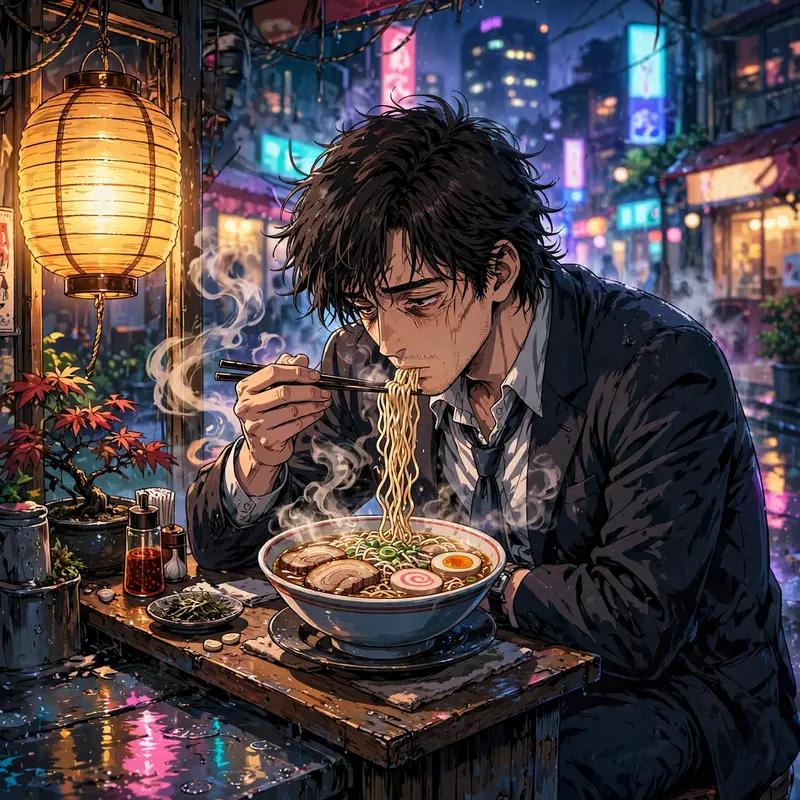 a tired office worker slurping ramen at a tiny counter, steam curling, warm lantern light, Classic anime key-visual style, cel-shaded with vibrant