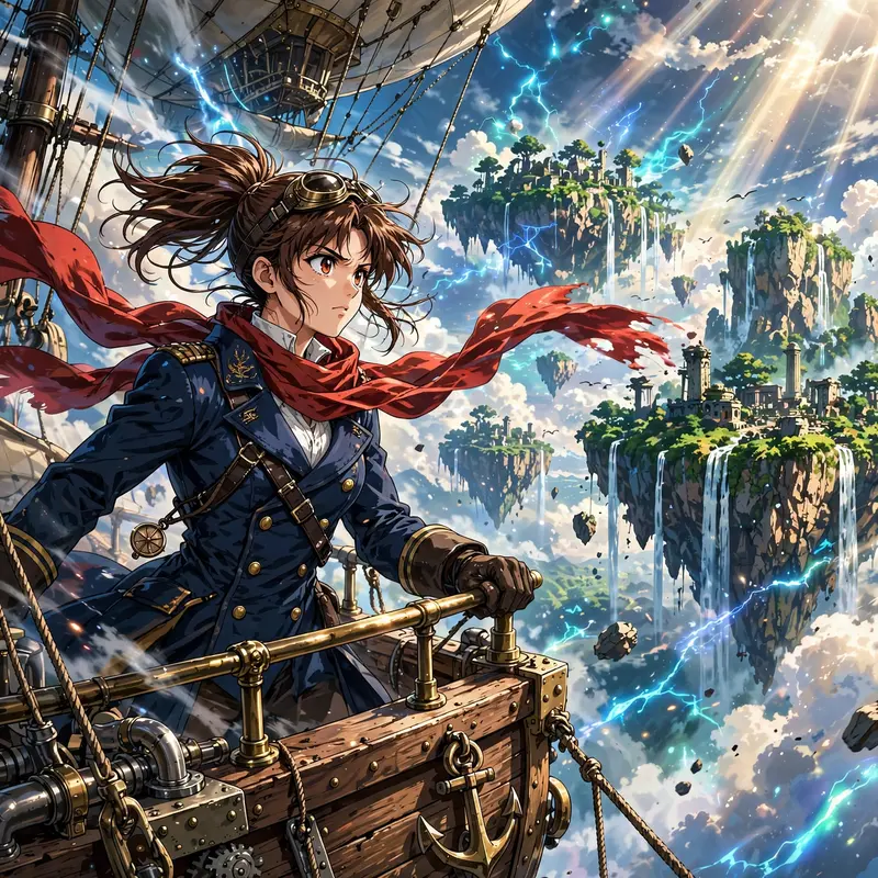 a fearless airship captain on the bow of her vessel, scarf whipping in the wind, floating islands ahead, Classic anime key-visual style, cel-shaded