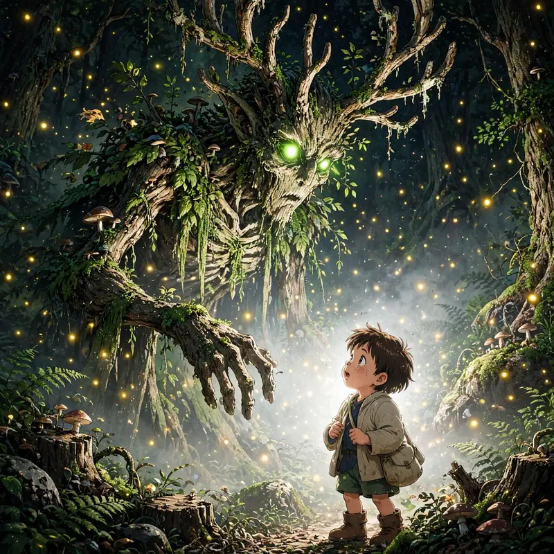 a small child meeting a towering forest spirit, glowing eyes in the dark, fireflies everywhere, Classic anime key-visual style, cel-shaded with