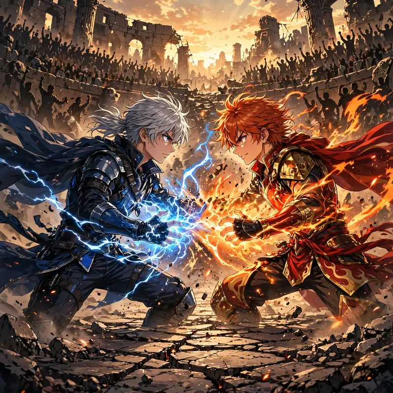 two rivals facing off in a cracked arena, energy crackling, crowd silhouettes roaring, Classic anime key-visual style, cel-shaded with vibrant